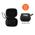 A black travel adapter in a zipped black case with a mesh pocket. The case features a logo and a hanging loop.