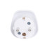 A white universal travel adapter with three pin slots for AU to EU connections, featuring a smooth, rounded design.