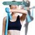 A blue latex-free TPE fitness resistance band being used by a person in a black sports top.