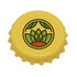 A drink bottle cap featuring a vibrant yellow design with a green logo and textured edges.
