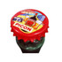 A drink bottle with a decorative red bottle cap featuring a retro design and branding, showcasing beverages and a camera.