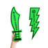 Two green foam cheer sticks in the shapes of a sword and a lightning bolt, held in a hand.