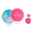 A 20cm foldable fan in blue and pink colours, featuring a logo and decorative design.