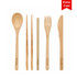 A bamboo cutlery set featuring six pieces: a spoon, fork, knife, chopsticks, and a straw, all with a natural finish.