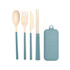 A set of travel utensils in teal, including a spoon, fork, knife, and chopsticks, with a matching case.