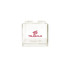 A clear square block coin bank with two stud-like tops and a logo on the front.