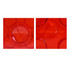 A bright red square block coin bank with a slot on top and a circular opening on the side. It features a logo.