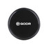 A round, black sticky pad with a logo in the centre, designed for holding small items securely.