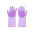 Two purple silicone gloves with textured grip surfaces, designed for cleaning tasks. Each glove has a smooth exterior.