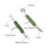 A green multi-tool featuring a fork, knife, spoon, can opener, corkscrew, and bottle opener.