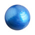 A blue PVC yoga ball with a smooth surface and circular shape, featuring a central valve and light reflections.