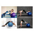 A set of PVC yoga balls in purple and blue, used in various fitness poses by individuals in workout attire.