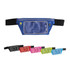 A blue waist bag with a transparent front pocket, accompanied by red, pink, black, and green variations. Features a logo.