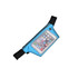 A blue waist bag featuring a clear phone pocket and adjustable straps. It has a logo on the surface.