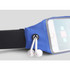 A blue sports waist bag with earphone connectors and a clear phone pocket. Features a black adjustable strap.