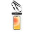 A waterproof phone bag in clear with a black seal and strap, designed for secure phone storage.