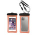A waterproof case in orange and black, designed to hold a cellphone, featuring a lanyard for carrying.
