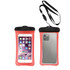 A waterproof cellphone dry bag in bright red, featuring a clear front and back, with a strap for carrying.