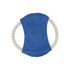 A blue Frisbee dog toy featuring a soft centre and rope handles. The toy includes branding on it.