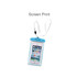 A waterproof phone bag in clear with a blue trim, featuring a lanyard for easy carry. Includes a logo.