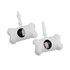 A white bone-shaped pet wastebag dispenser with a clip attachment and a circular opening for easy access to bags.