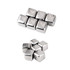 A set of stainless steel ice cubes in a shiny finish, arranged in two groups, with a small logo on some cubes.