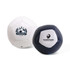 A mini soccer ball featuring white and navy colours with logos on each side.