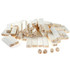 A set of cream-coloured wooden blocks and dice, each numbered for use in games.