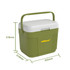 A green and white 22L cooler box with a comfortable carry handle and dimensions displayed. It features branding.