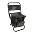 A camouflaged camping chair with a foldable design and an attached cooler bag in matching colours.