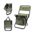A green foldable camping chair with a cooler bag, featuring a black metal frame and a logo on the backrest.