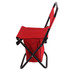 A foldable camping chair in red with a sturdy black frame, designed for children, featuring a compact carry bag.