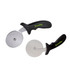 A pizza cutter set featuring two stainless steel blades with black handles, one larger and one smaller.