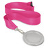 A silver podium medal with a blank centre, attached to a pink ribbon.