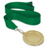 A gold podium medal measuring 65mm, attached to a green ribbon.