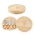 A wooden cheese board set in light wood, featuring four stainless steel cheese knives with wooden handles.