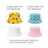 A colourful bucket hat with various designs, including a bright yellow pattern, a sky blue variant, and a pink floral option.