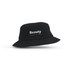 A black terry towelling bucket hat with a logo on the front. Ideal for leisure and outdoor activities.