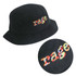 A black Terry Toweling bucket hat with a multicoloured embroidered logo. Suitable for leisure and outdoor activities.