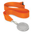 A podium medal featuring a 50mm silver medal attached to an orange ribbon.