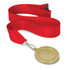 A gold podium medal with a 50mm diameter attached to a red ribbon.