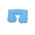 An inflatable travel pillow in light blue, shaped for neck support, featuring a logo on the surface.