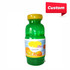 A green inflatable drink bottle with a yellow lid, featuring a label depicting mandarin fruit. It has a logo.