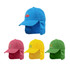 A collection of four sport caps with flaps in blue, pink, yellow, and green, featuring various logos.