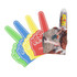 A collection of giant foam hands in green, blue, yellow, and red, featuring a logo and an image of a player.