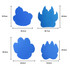 Four blue paw-shaped foam mitts in varying sizes with dimensions displayed alongside each.