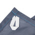 A close-up of a grey fabric with a white strap, featuring blue stitching and an attachment loop.