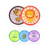 Two soft frisbees featuring a giraffe and a lion design, alongside three flat circular discs in various colours.