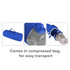 A compressed blue bag containing a chair, featuring a handle for easy transport. Includes a clear cover.