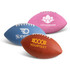 A set of three footballs in blue, pink, and brown, featuring various designs and a logo on each ball.